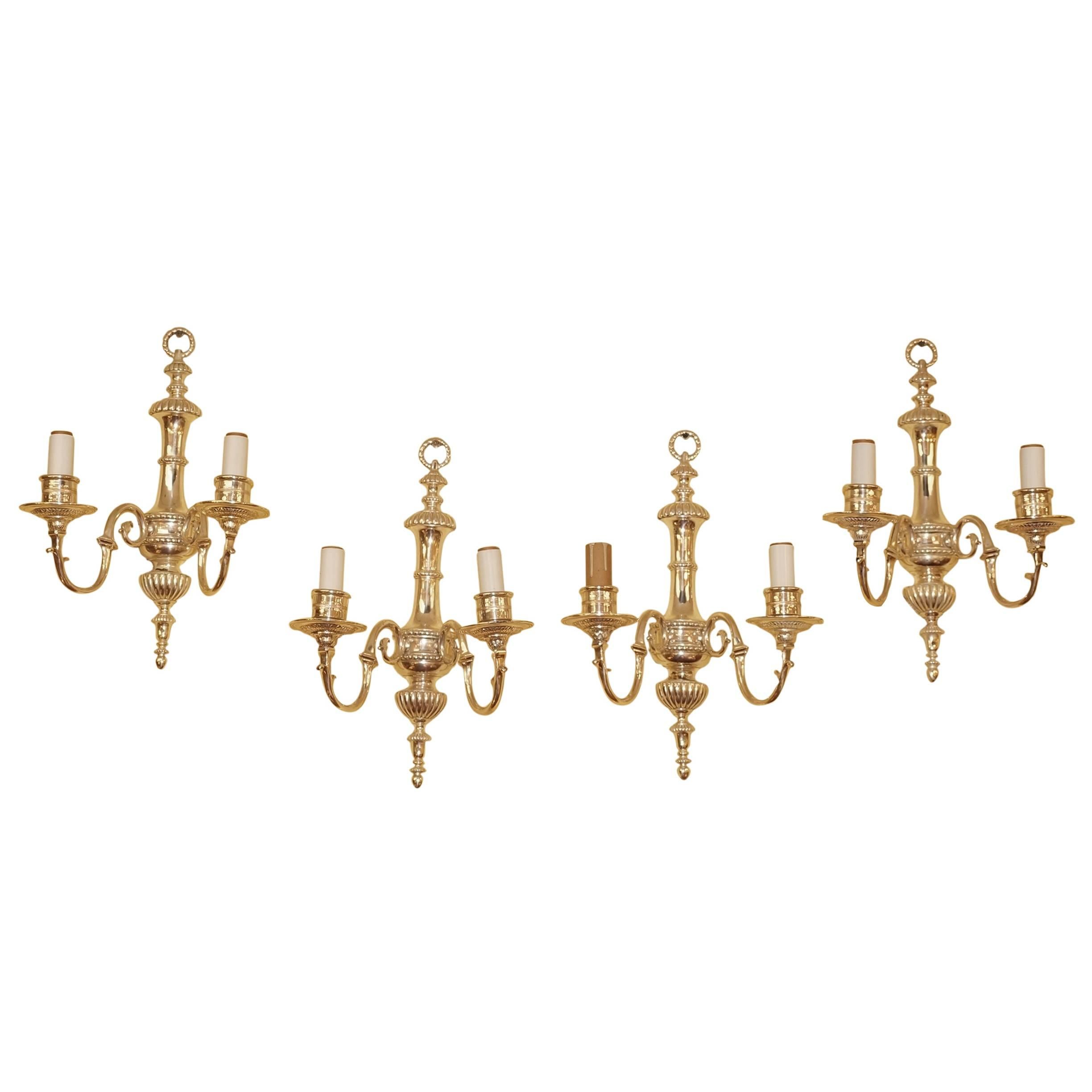 Set of Four Caldwell Style Silvered Metal Two-Arm Wall Light Sconces For Sale
