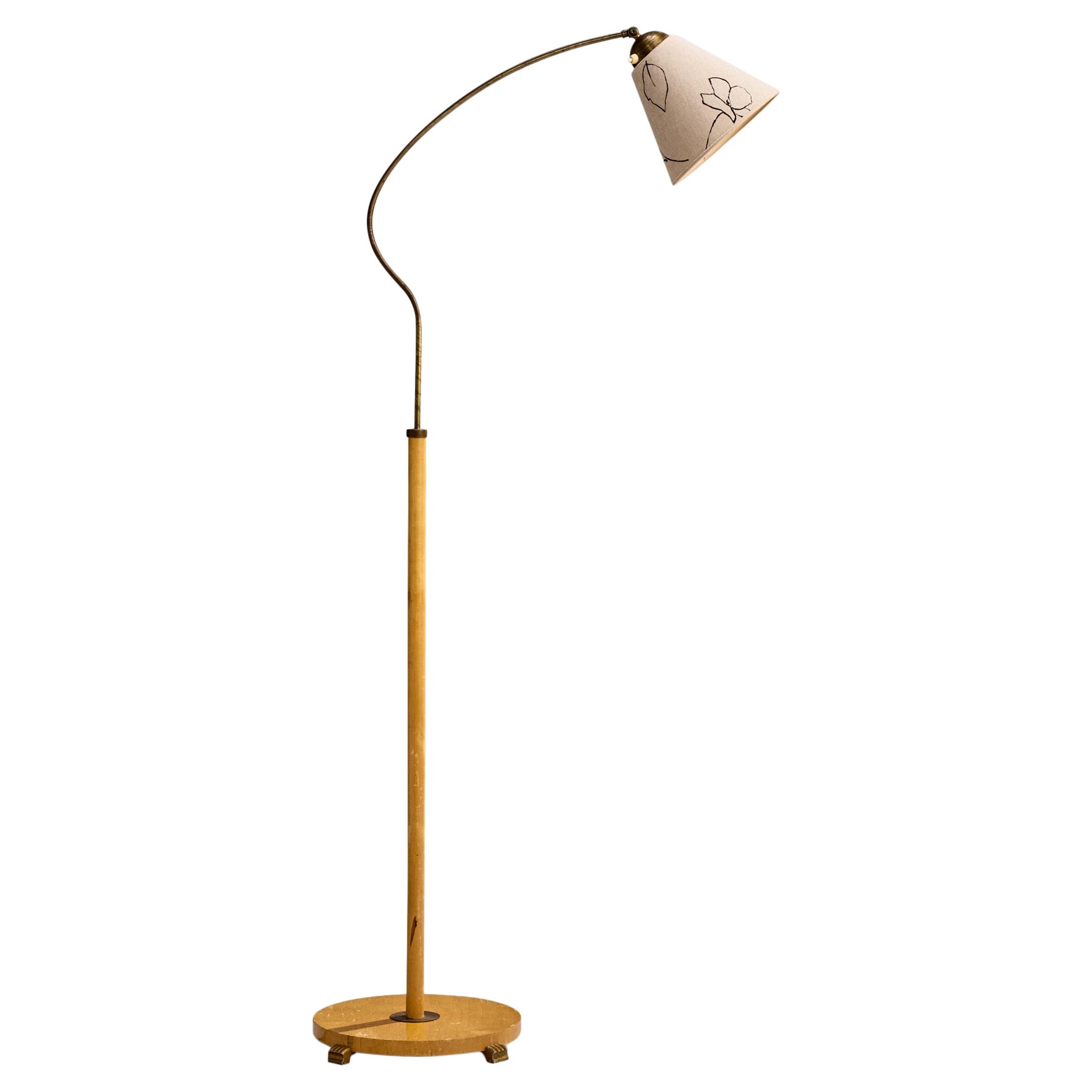 Schwedische Designerin, Stehlampe, Birke, Messing, Stoff, Schweden, 1940er Jahre