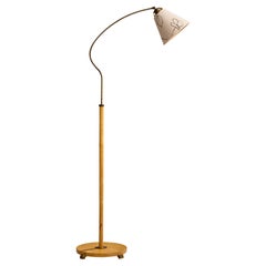 Schwedische Designerin, Stehlampe, Birke, Messing, Stoff, Schweden, 1940er Jahre