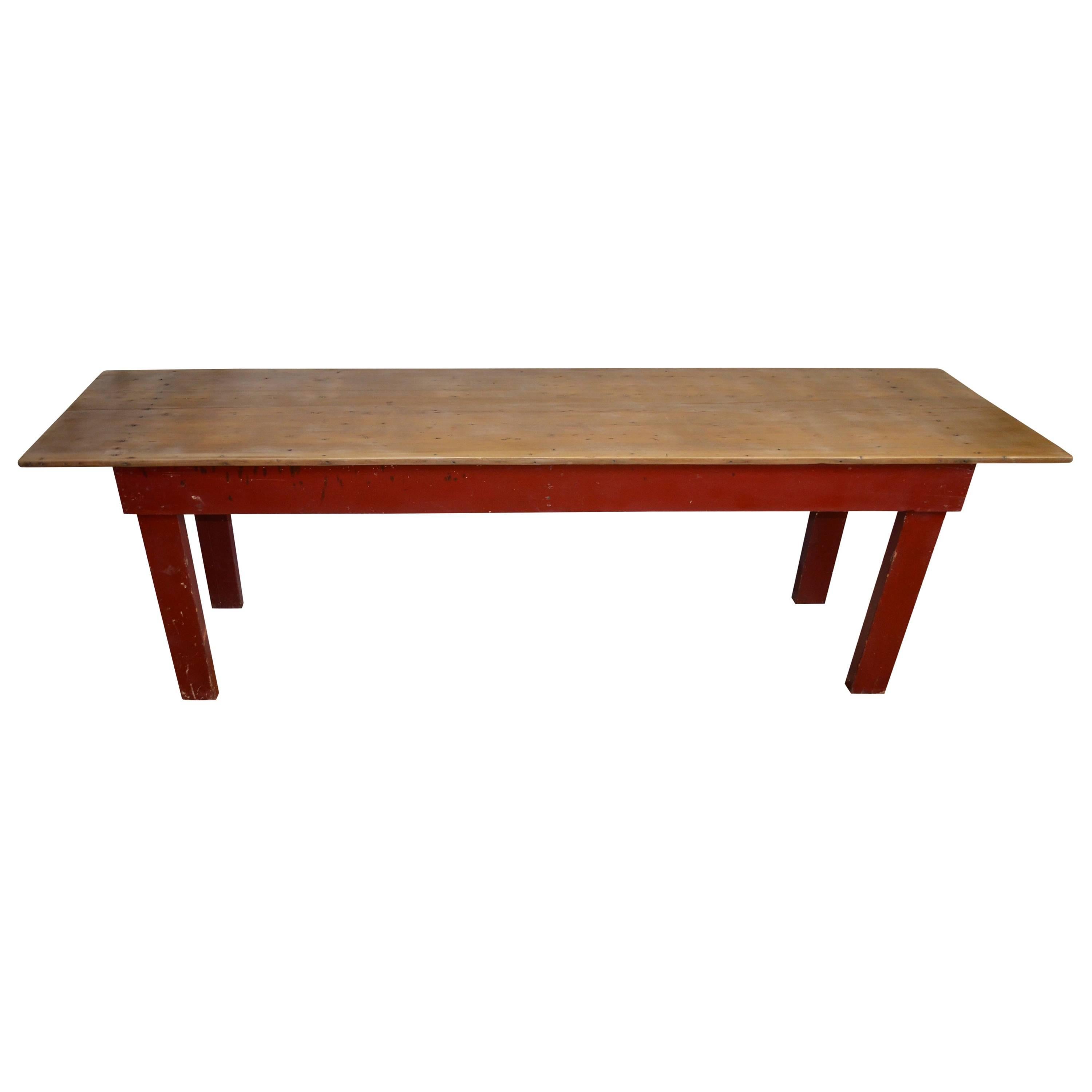 Farm Table with Single Board Top, Red Legs and Stringer Boards