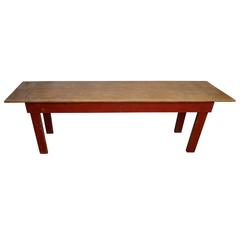 Antique Farm Table with Single Board Top, Red Legs and Stringer Boards