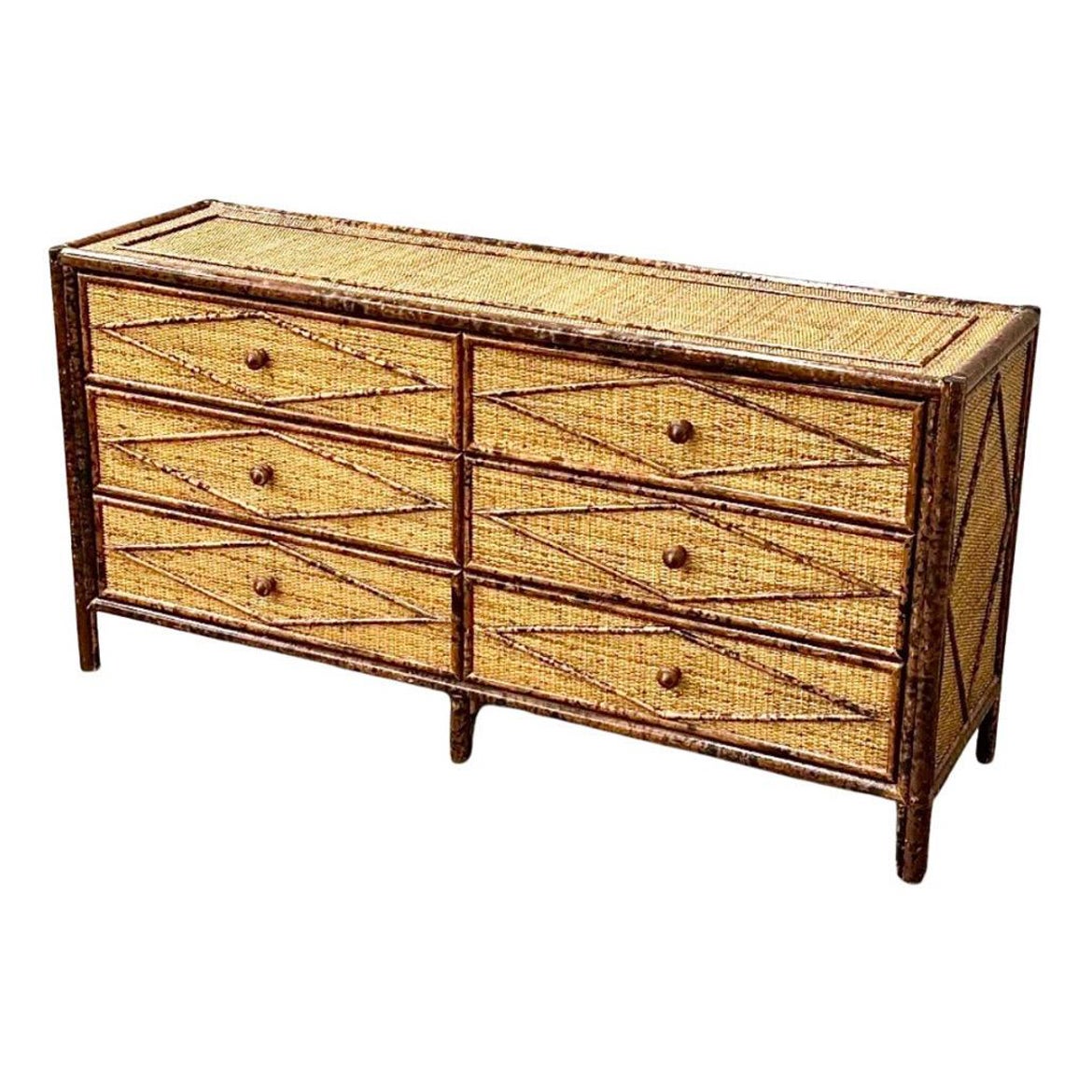 Majestic Weathered Vintage Cane Tortoiseshell 6 Drawer Commode, Pair Available For Sale