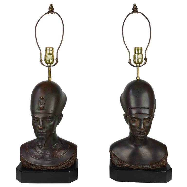 Pair of Bronzed Egyptian Pharoh King and Queen Busts, Table Lamps