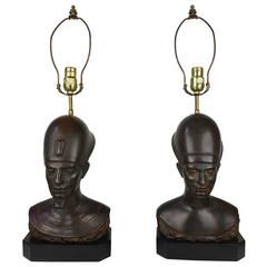 Pair of Bronzed Egyptian Pharoh King and Queen Busts, Table Lamps, Haruil
