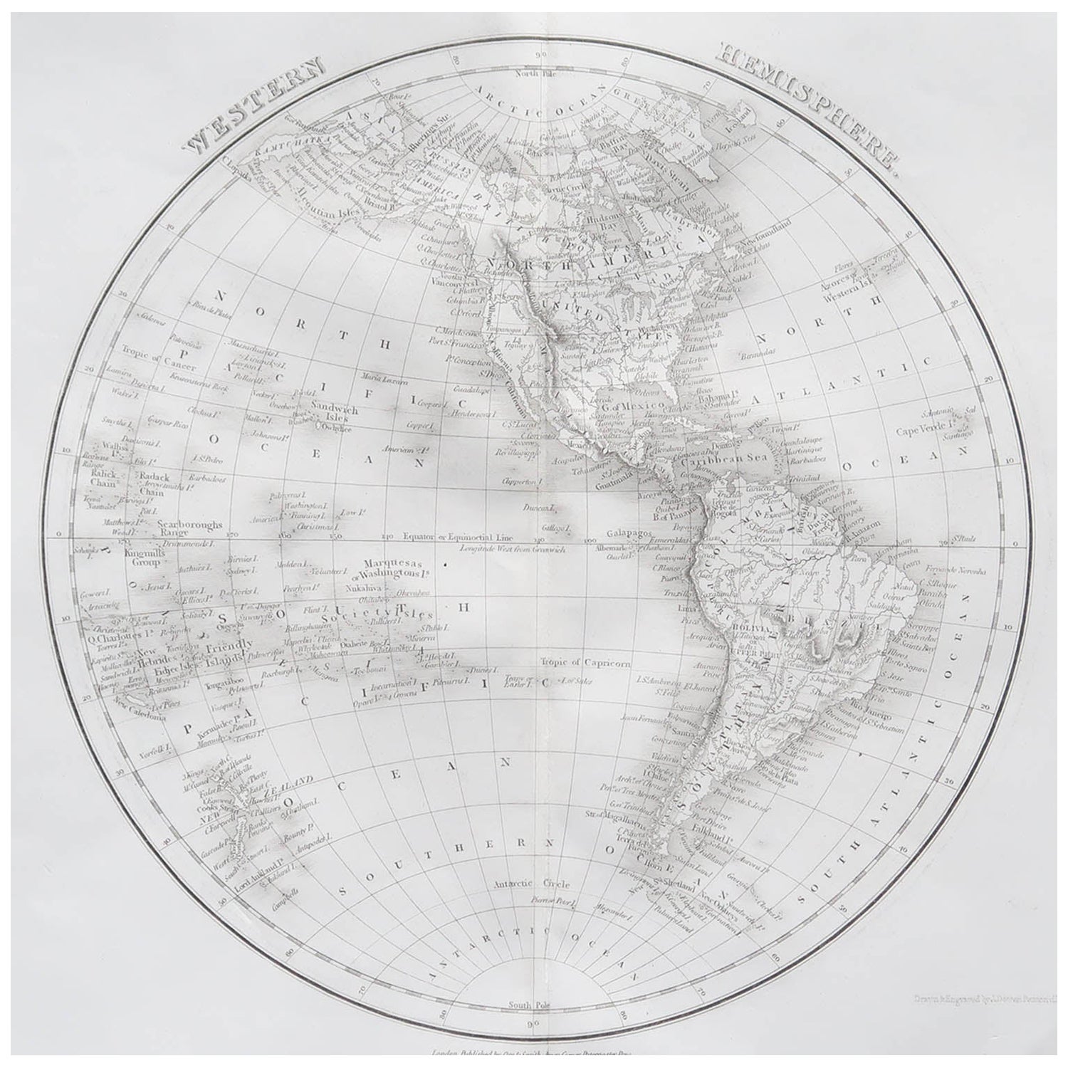 Carte ancienne originale de l'hémisphère occidental par Dower, vers 1835