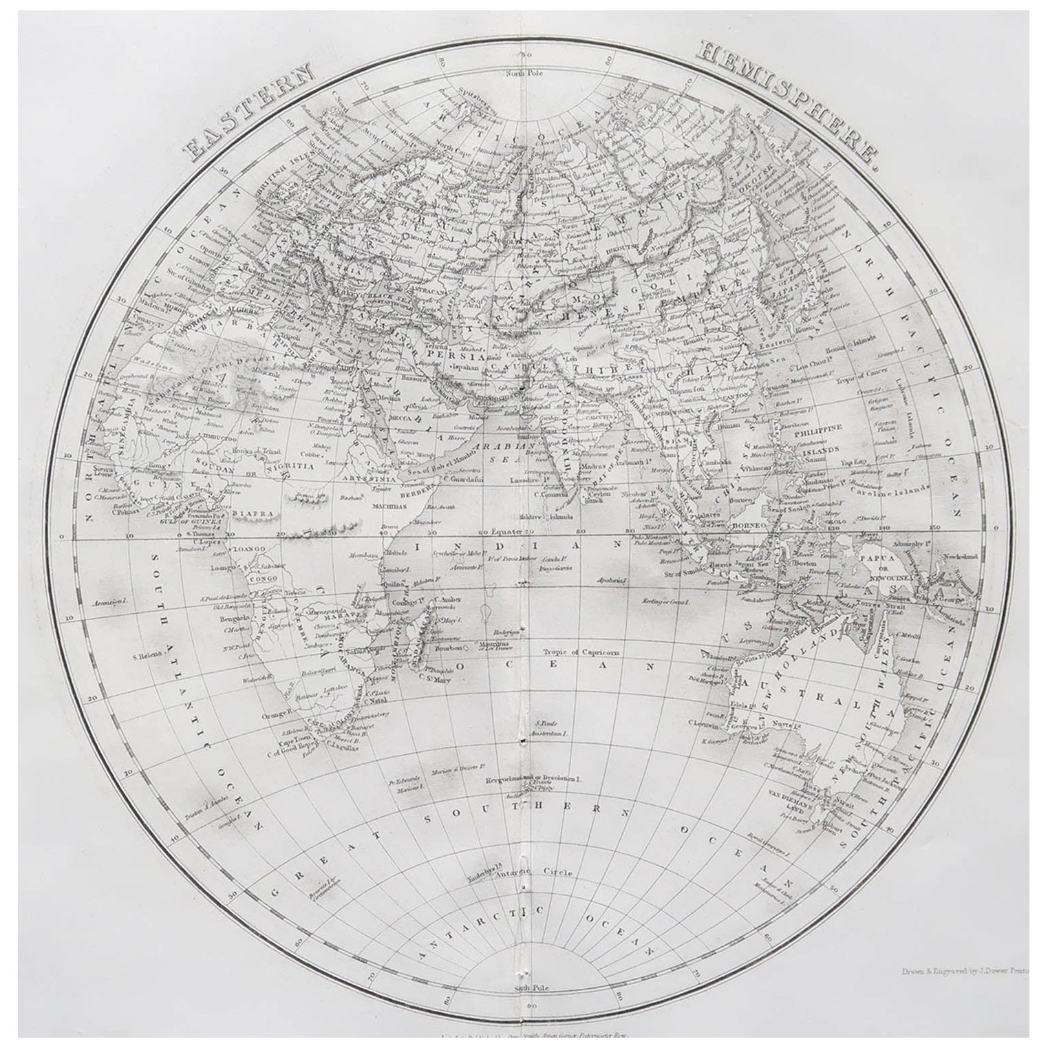 Carte ancienne originale de l'hémisphère oriental par Dower, vers 1835 en vente
