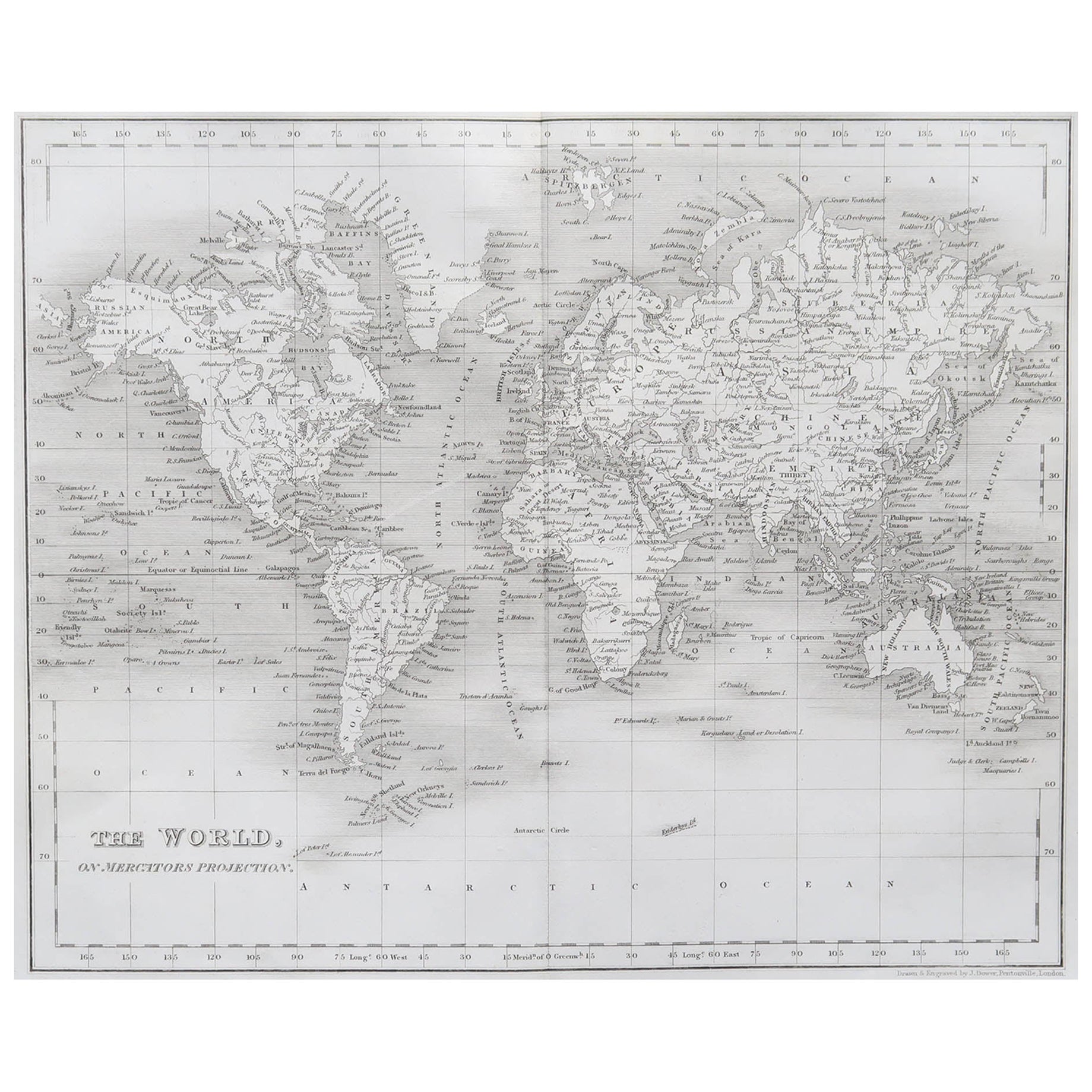 Carte du monde originale et ancienne par Dower, vers 1835