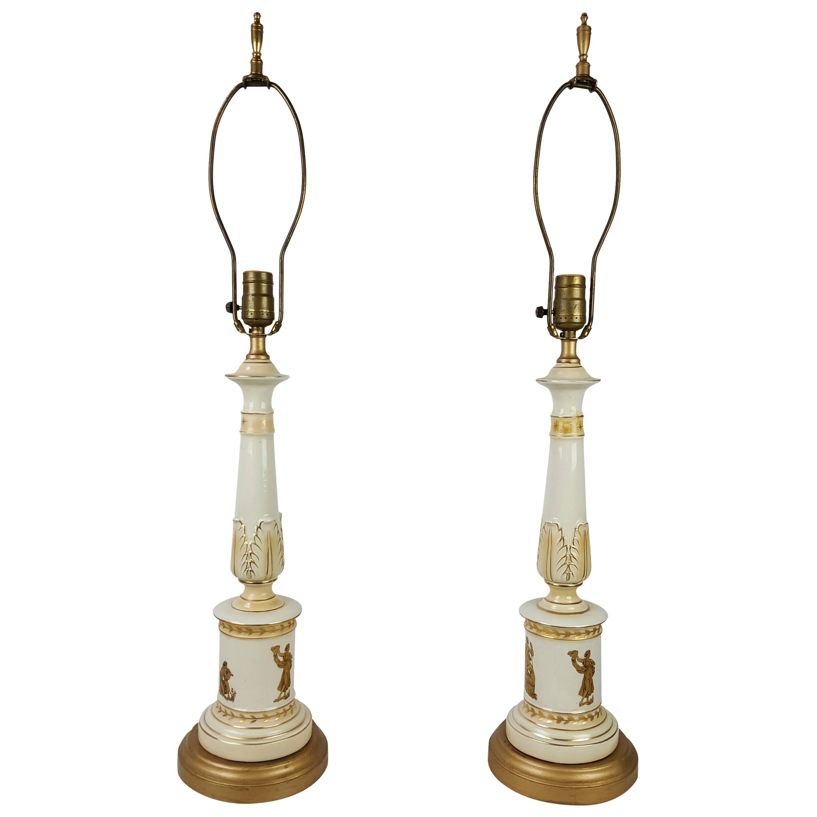 Pair of Neoclassical Porcelain Lamps, Classic Grecian Motif, Italy