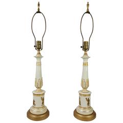 Pair of Neoclassical Porcelain Lamps, Classic Grecian Motif, Italy