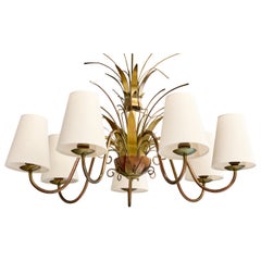 Swedish Designer, Chandelier, Brass, Wood, Fabric, Sweden, 1940s