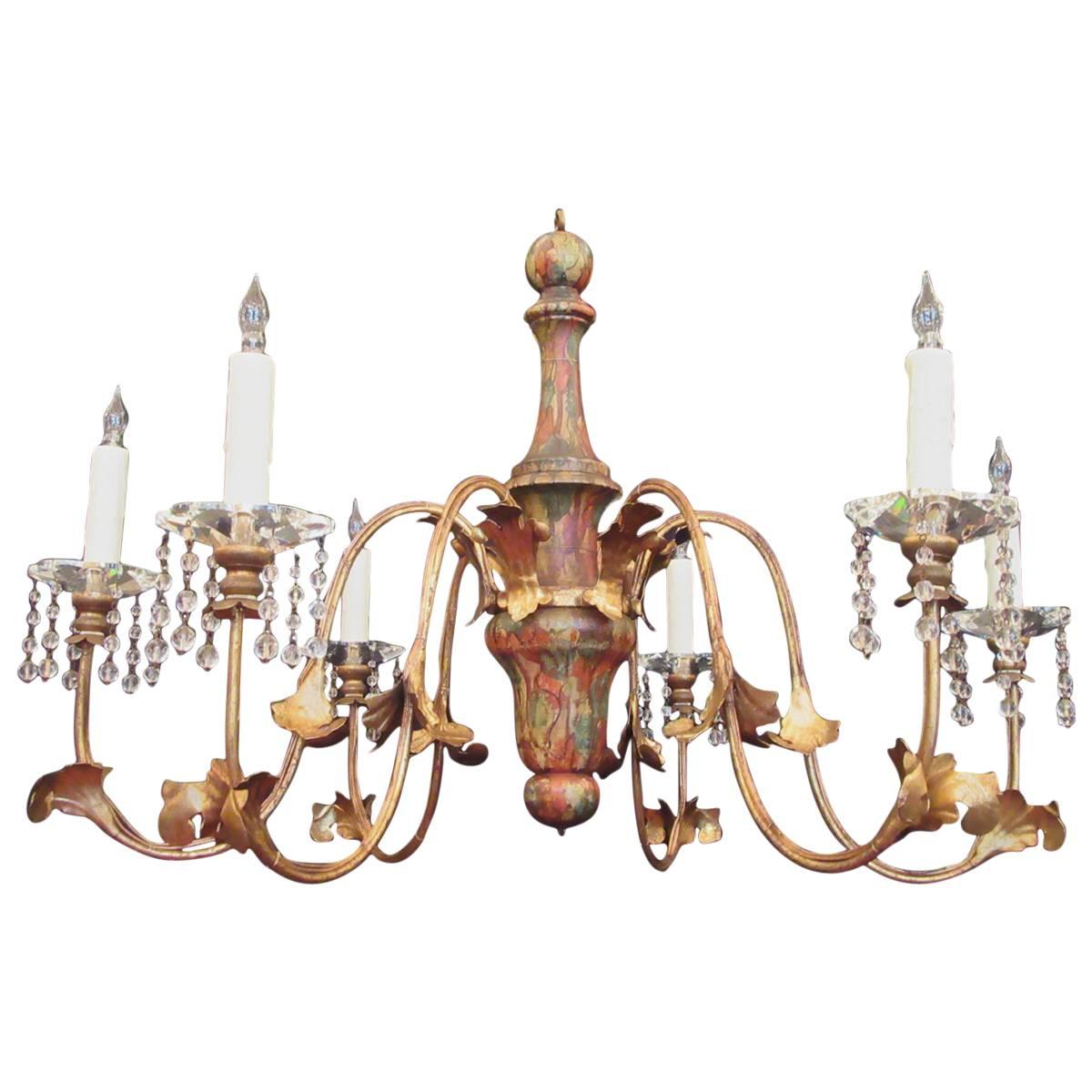 Mid 20th C Italian Faux Marble, Tole, and Crystal Chandelier