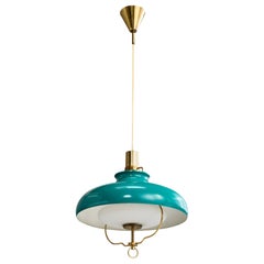 Danish Designer, Pendant Light, Brass, Metal, Glass, Denmark, 1950s
