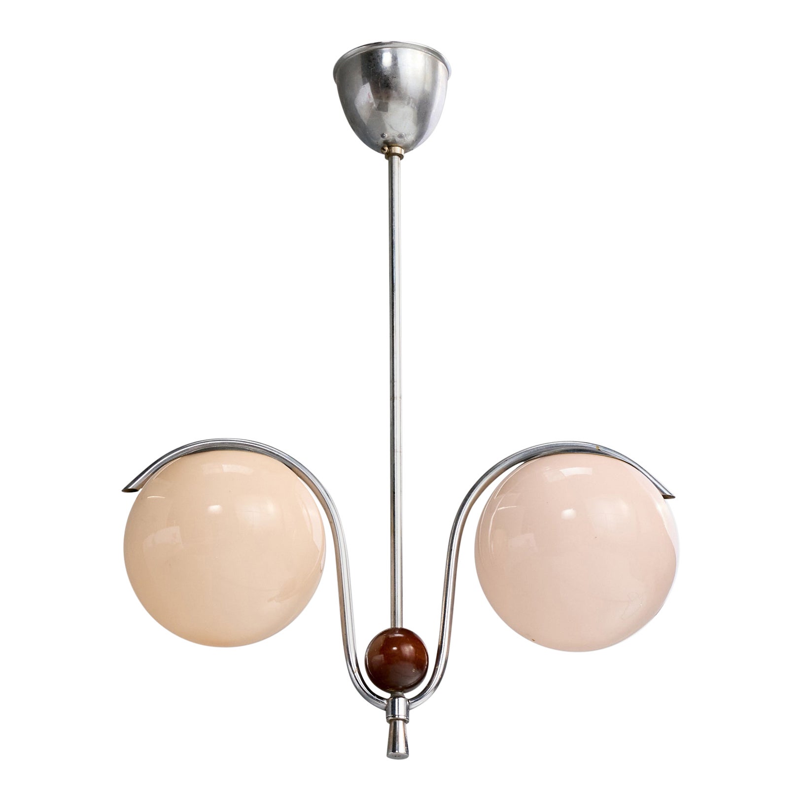 Designer tedesco, lampada a sospensione, nichel, vetro, legno, Germania, anni '20 in vendita