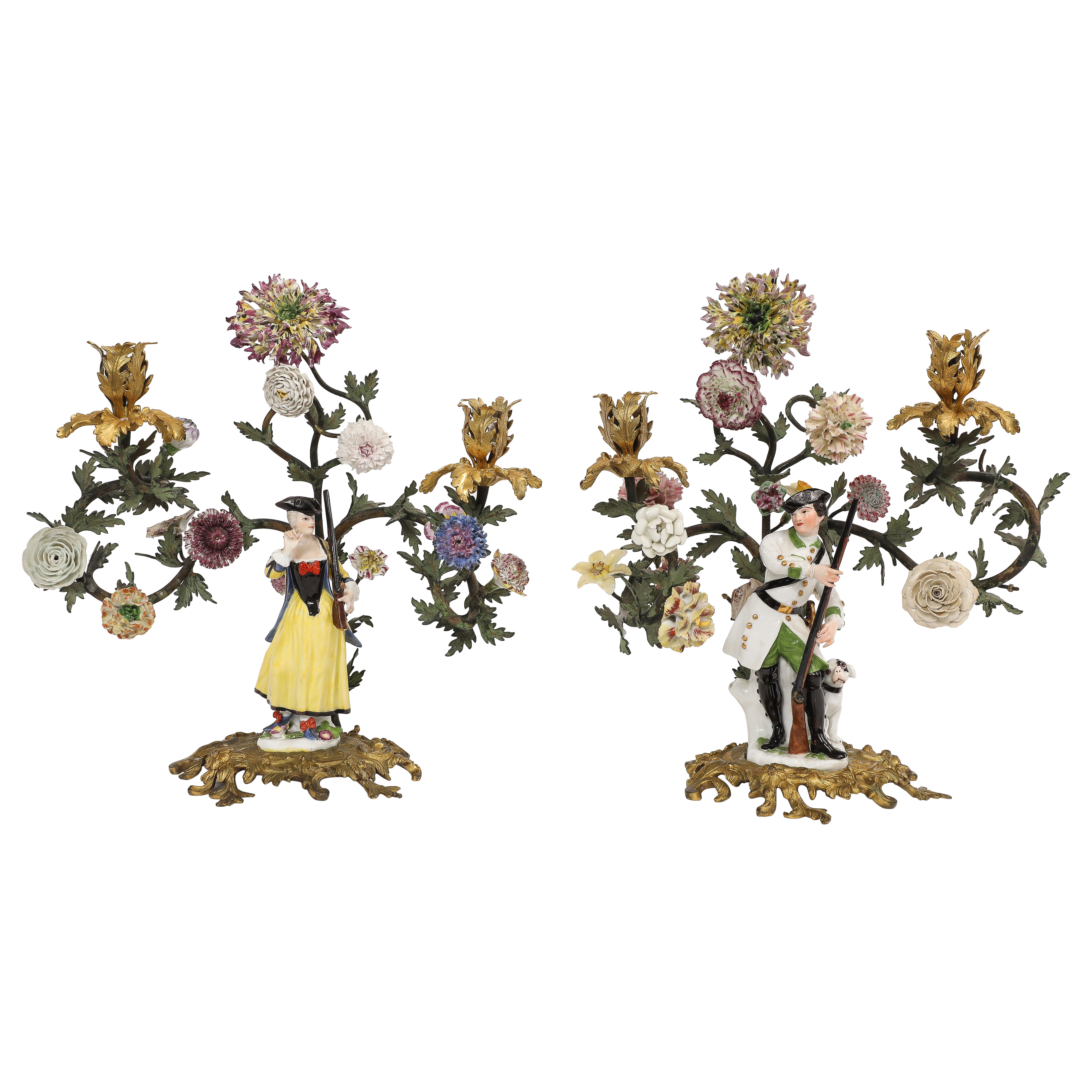Pair of 18th Century Meissen Porcelain Figural & Ormolu Mounted Candelabras