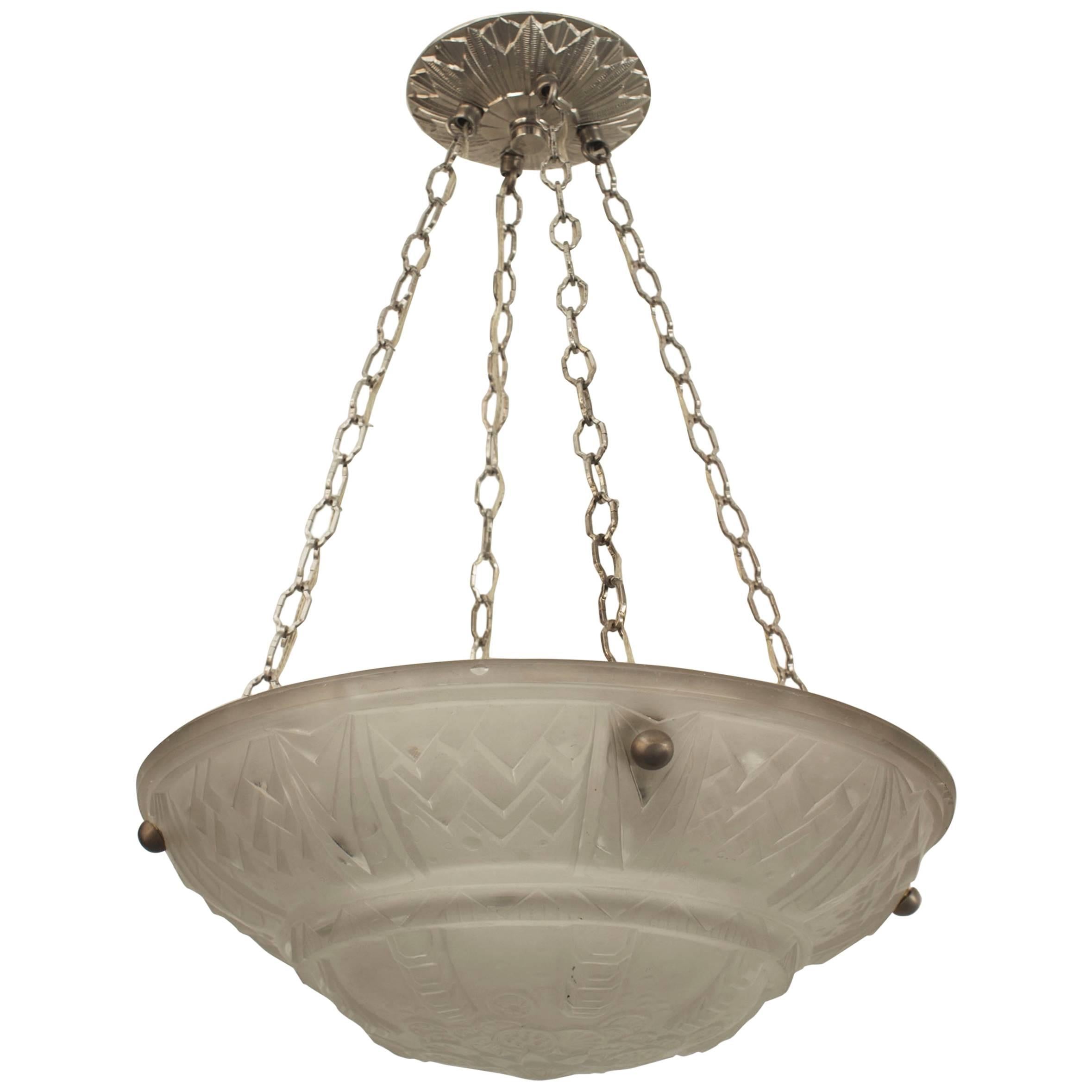 French Art Deco Frosted Pendant Bowl Chandelier