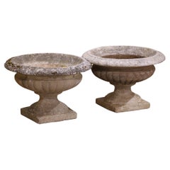 Pair Early 20th Century French Carved Weathered Stone Garden Urns Planters