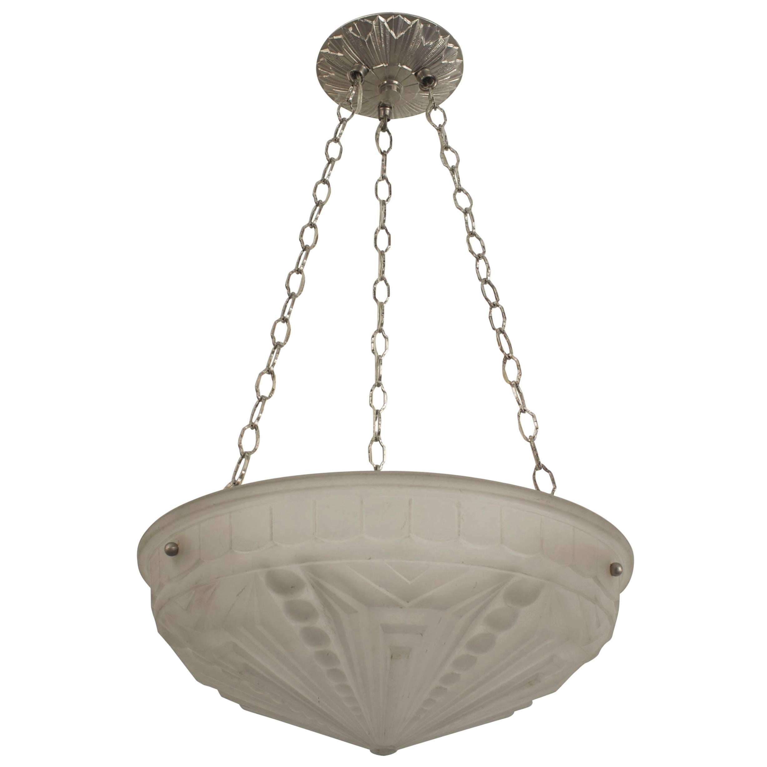 French Art Deco Frosted Glass Bowl Chandelier