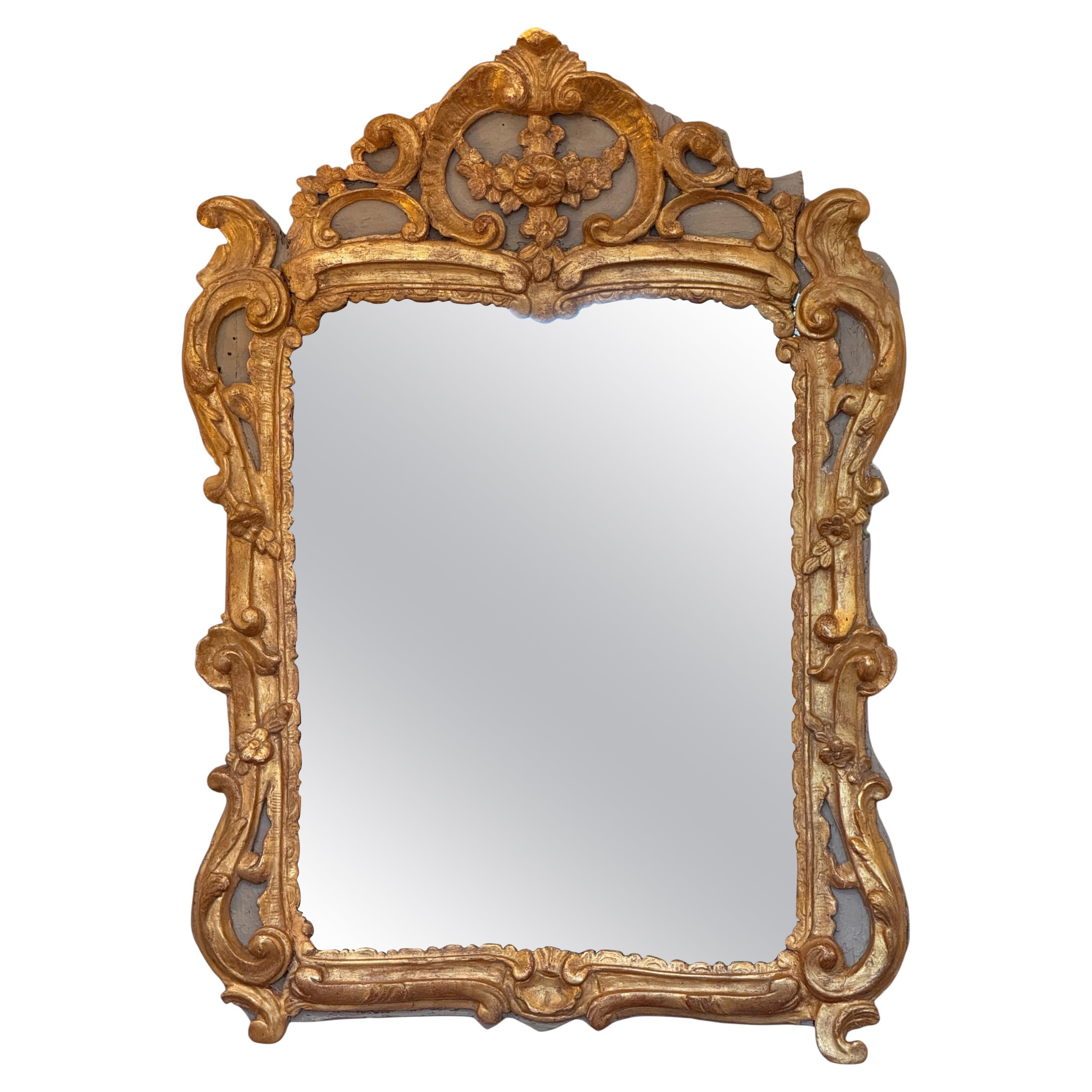 1940s Giltwood Mirror With Floral Crest For Sale