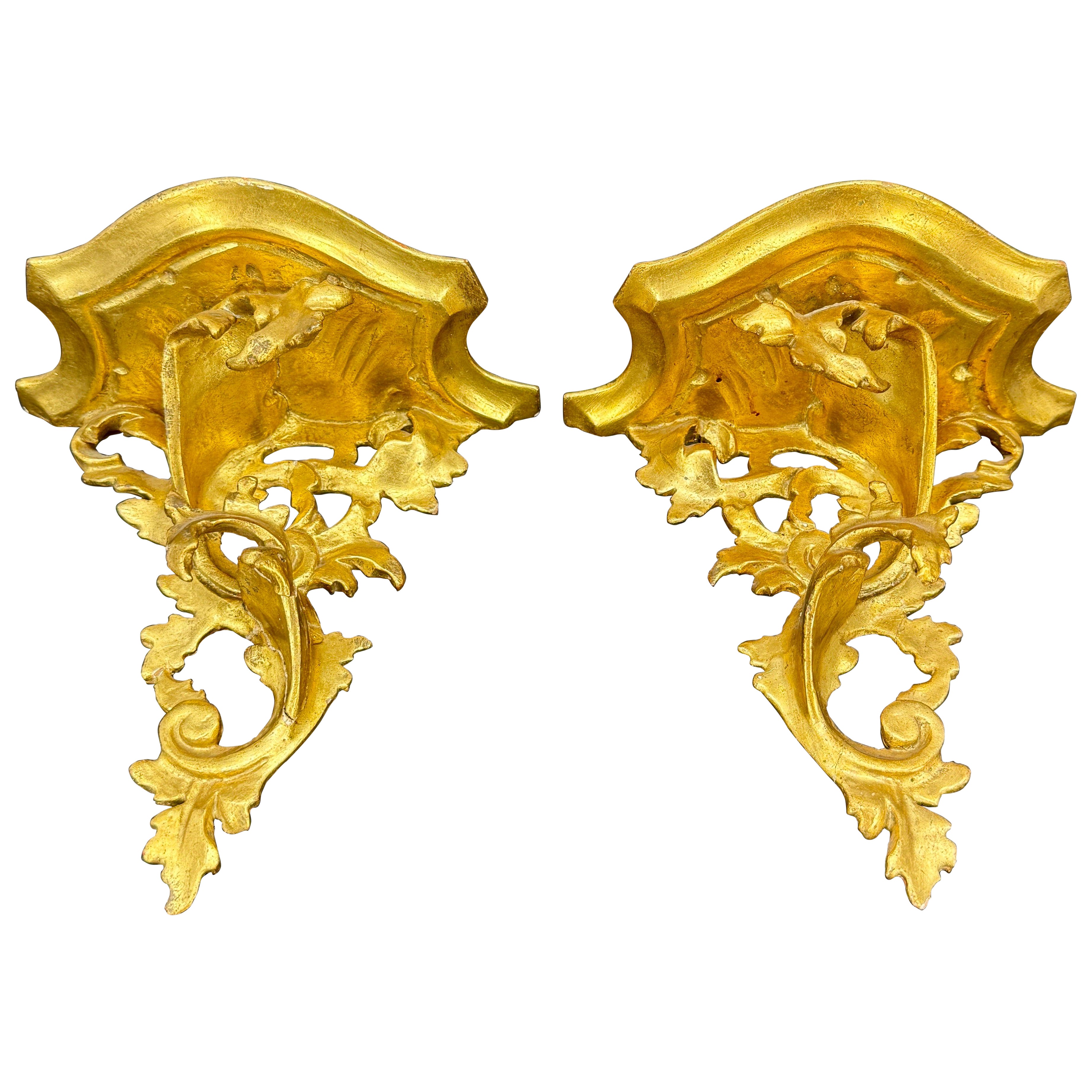 Pair of Italian Rococo Architectural Gilt Wall Shelves Brackets For Sale