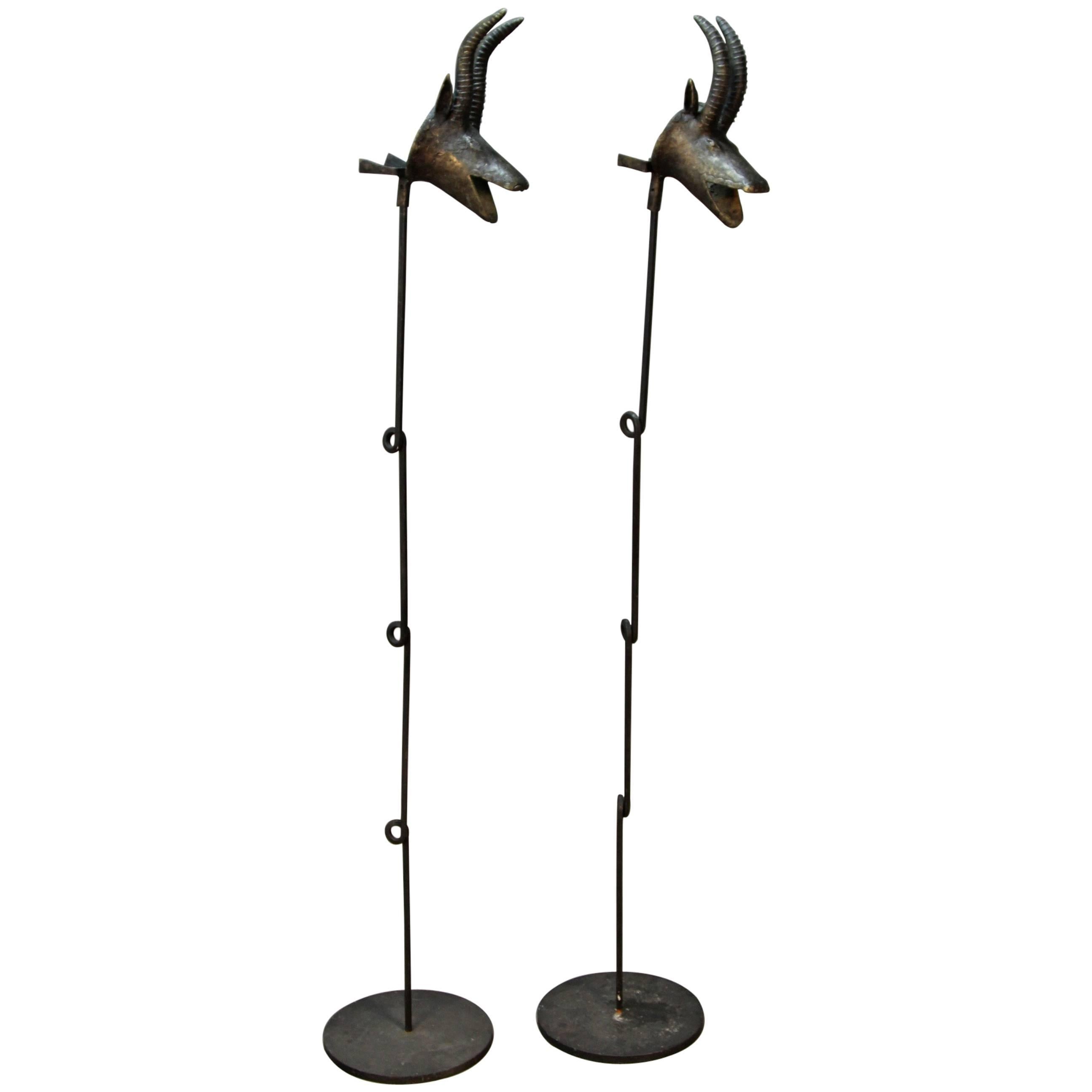 Pair of Benin Bronze Antelope Heads on Stands For Sale