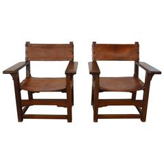 Spanish Colonial Leather Arm Chairs - Pair