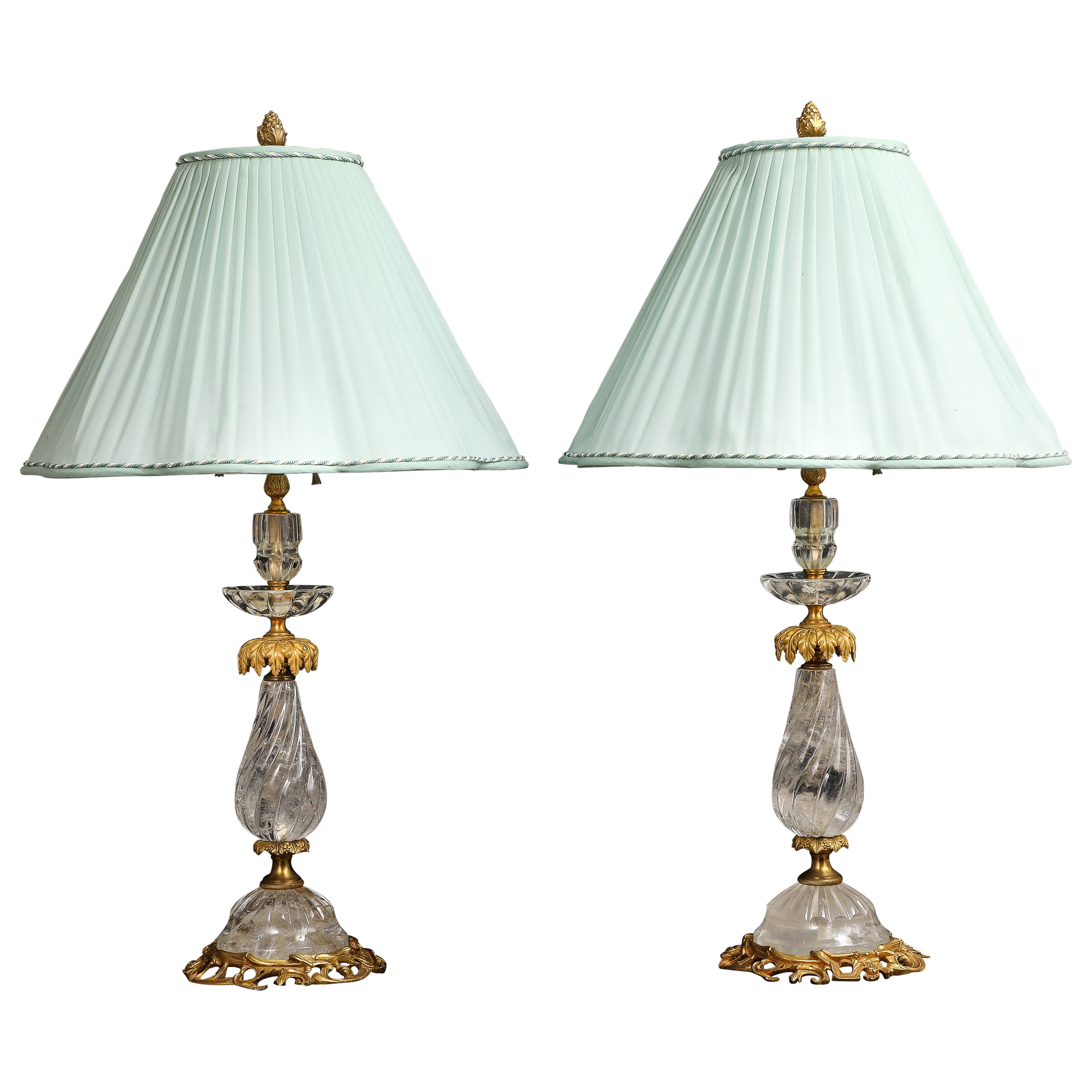 Pair of E.F. Caldwell Hand-Carved Rock Crystal & Ormolu Mounted Palm Tree Lamps For Sale