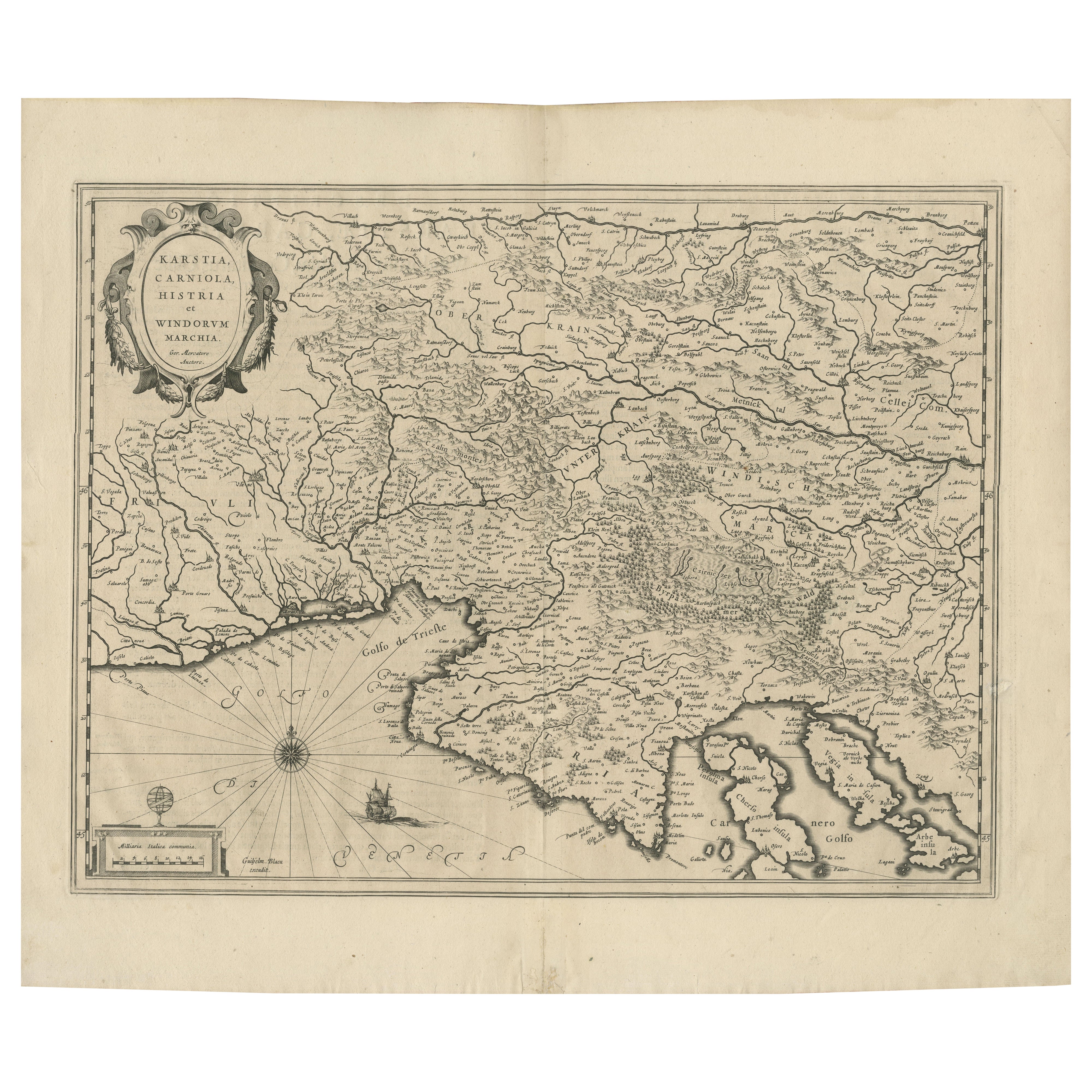 Original Antique Blaeu Map of Karst, Carniola, Istria, and Trieste, circa 1640 For Sale