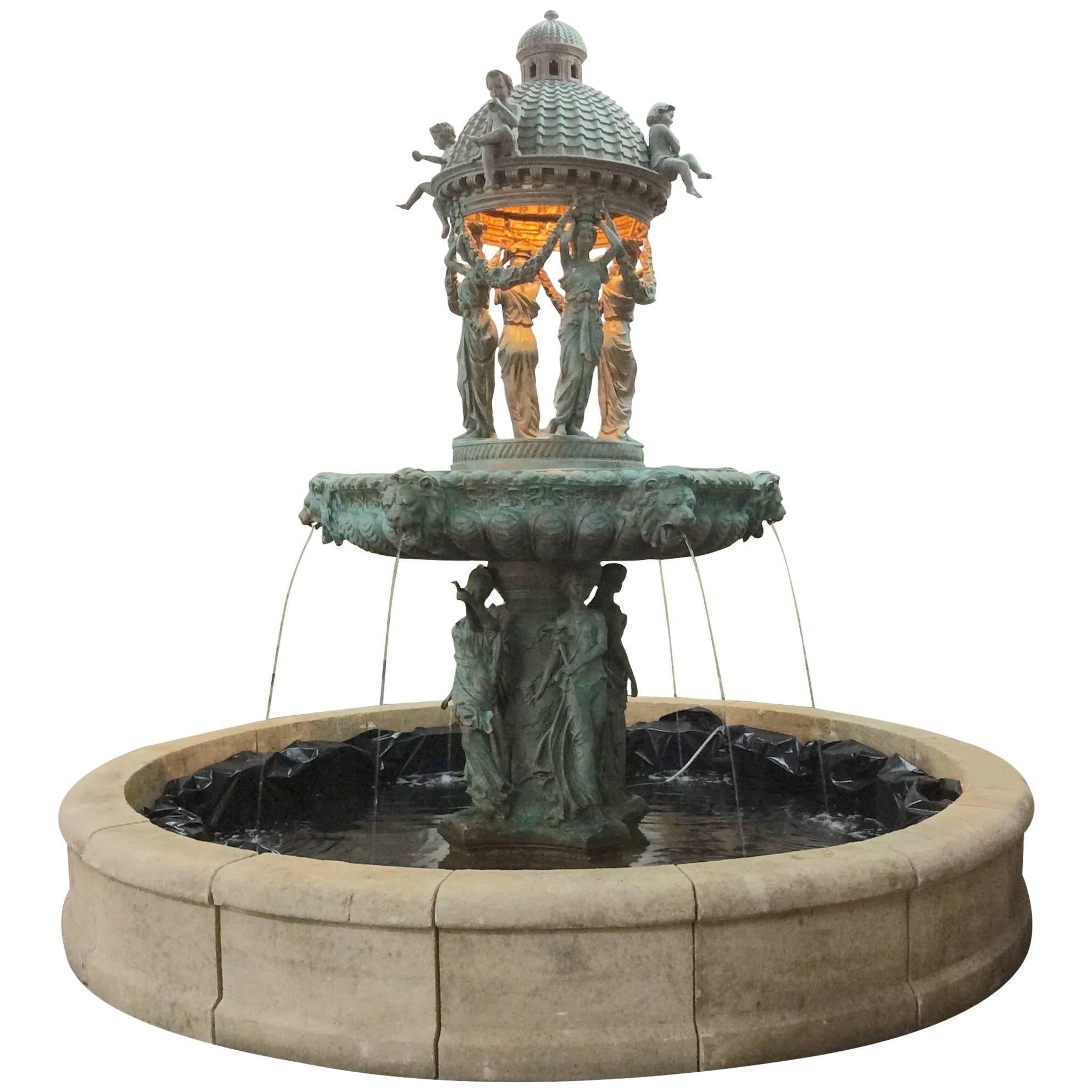 Bronze Fountain with Lionhead Spouts