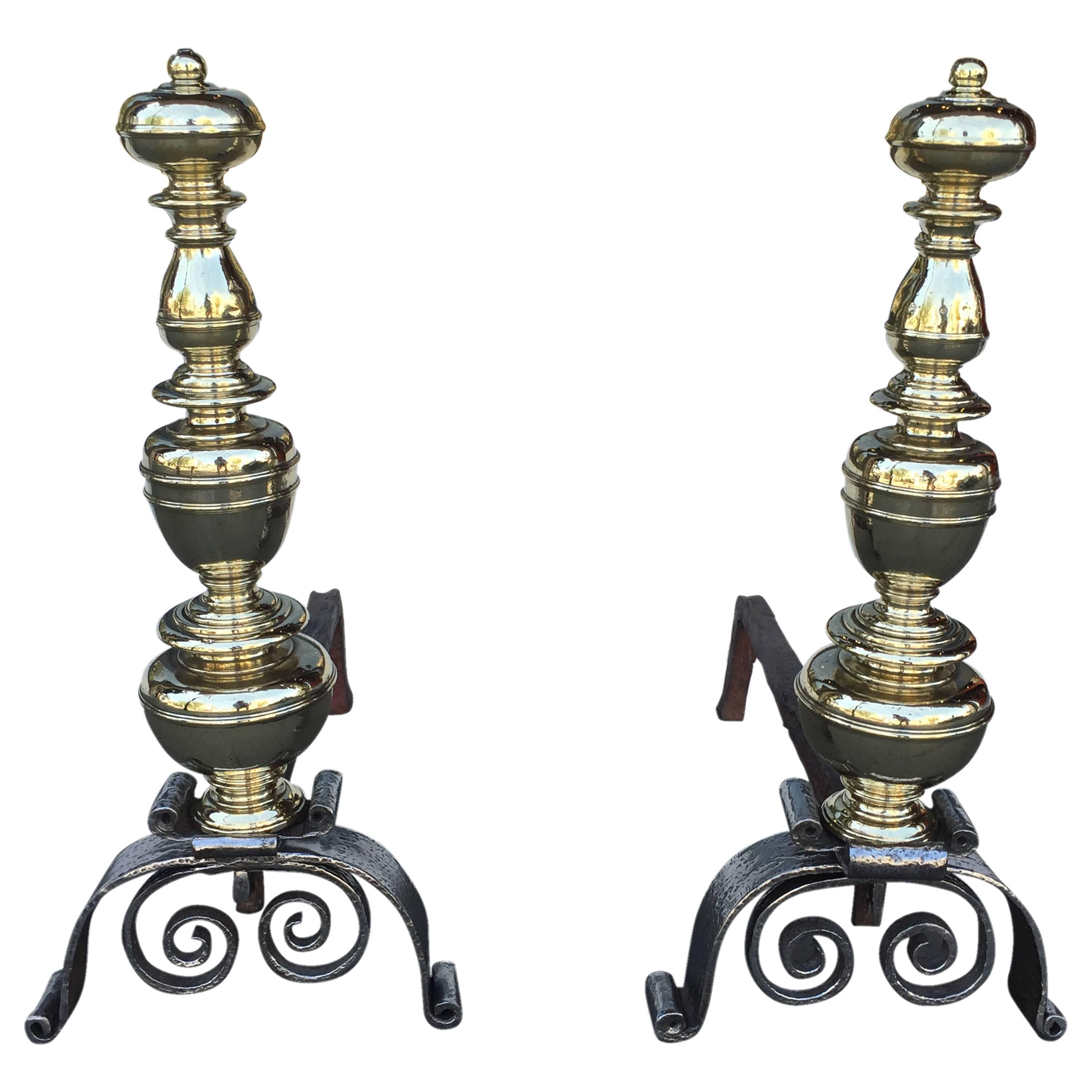 Pair of Brass and Iron Andirons from the Late 18th Century