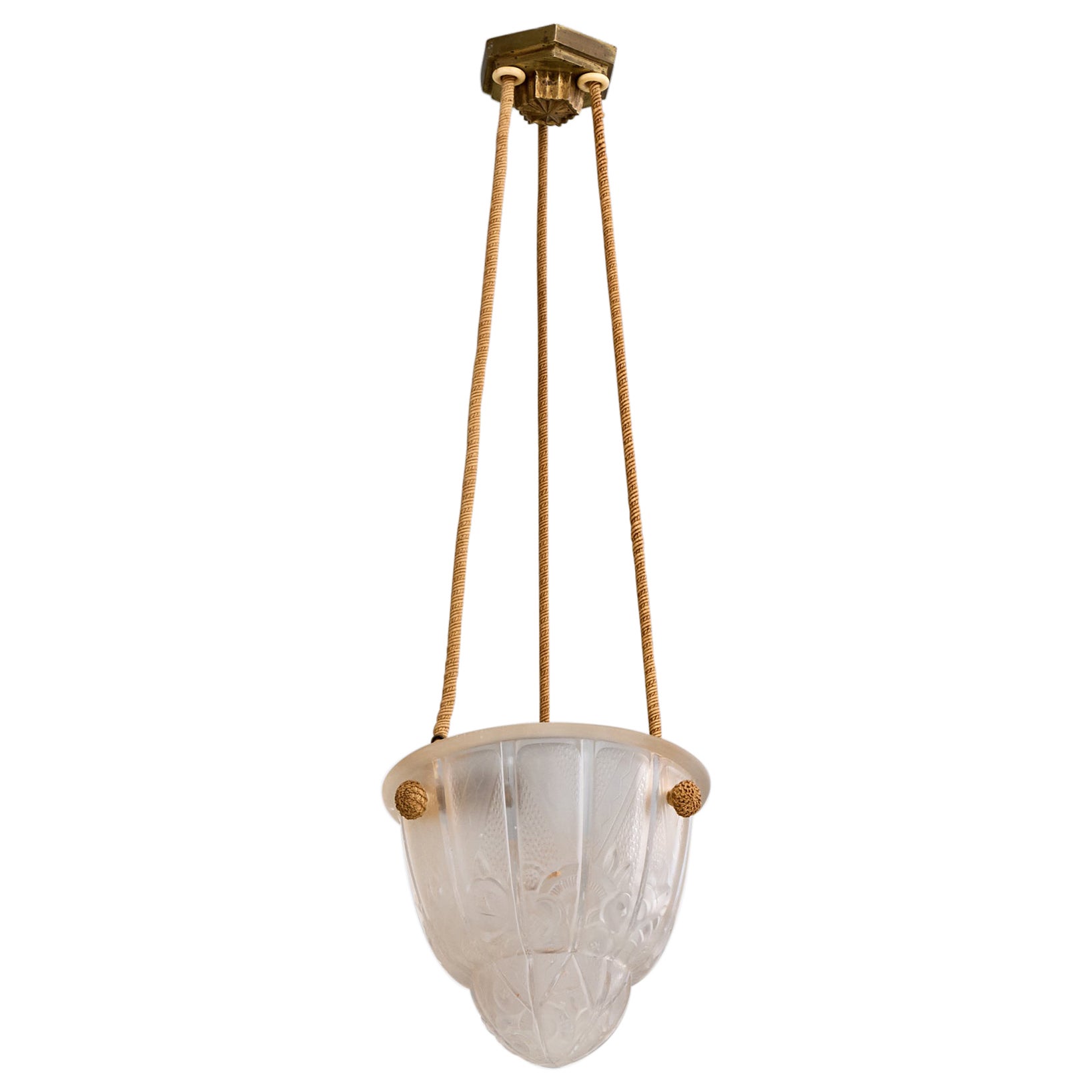 French Designer, Pendant Light, Glass, Rope, Brass, France, 1930s For Sale