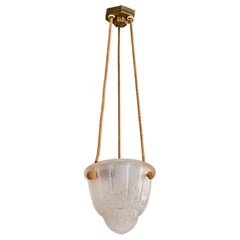 French Designer, Pendant Light, Glass, Rope, Brass, France, 1930s
