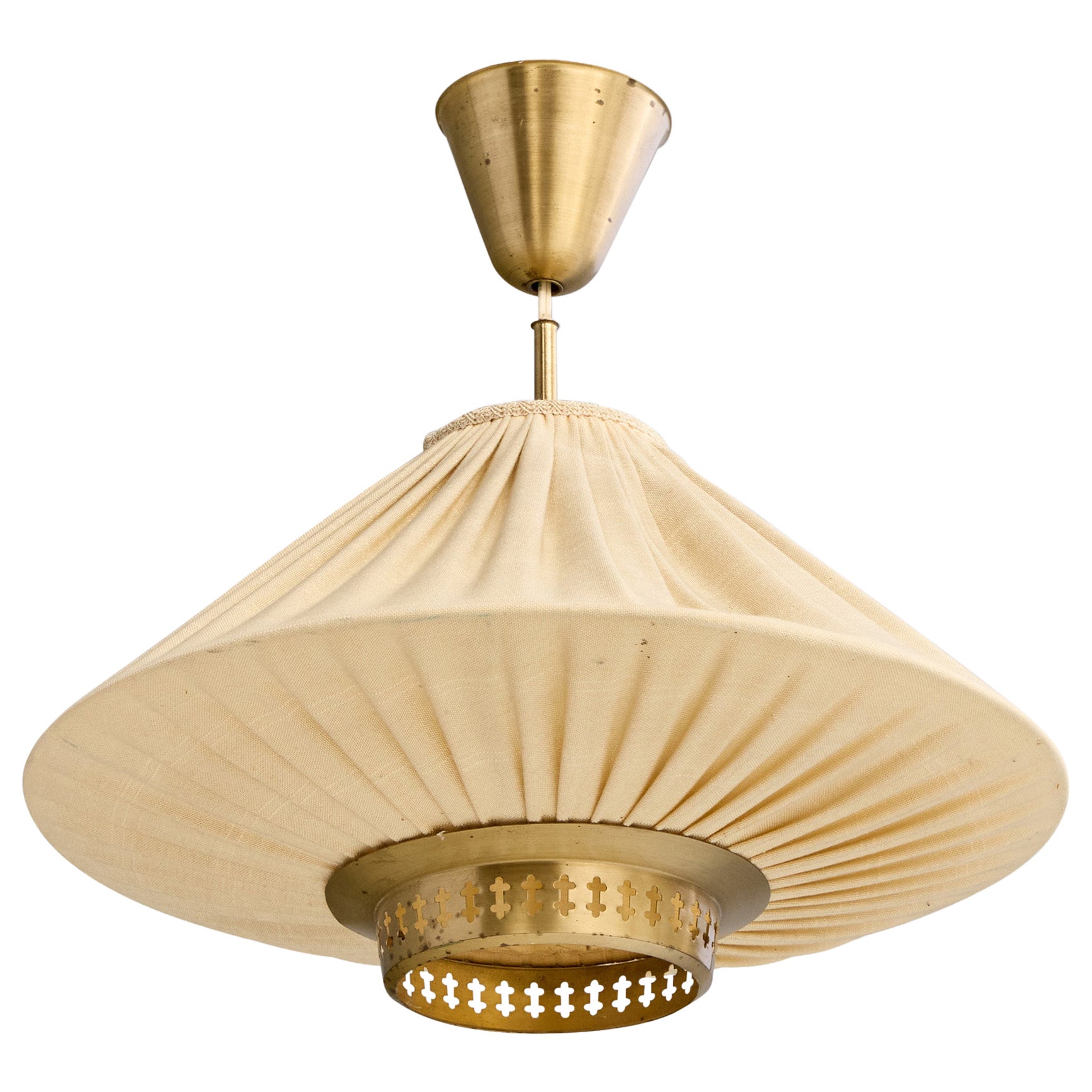 Hans Bergström, Pendant Light, Brass, Fabric, Sweden, 1950s For Sale