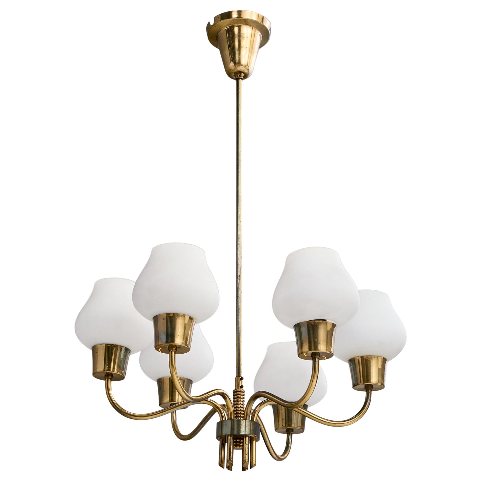 Danish Designer, Chandelier, Brass, Glass, Denmark, 1950s For Sale