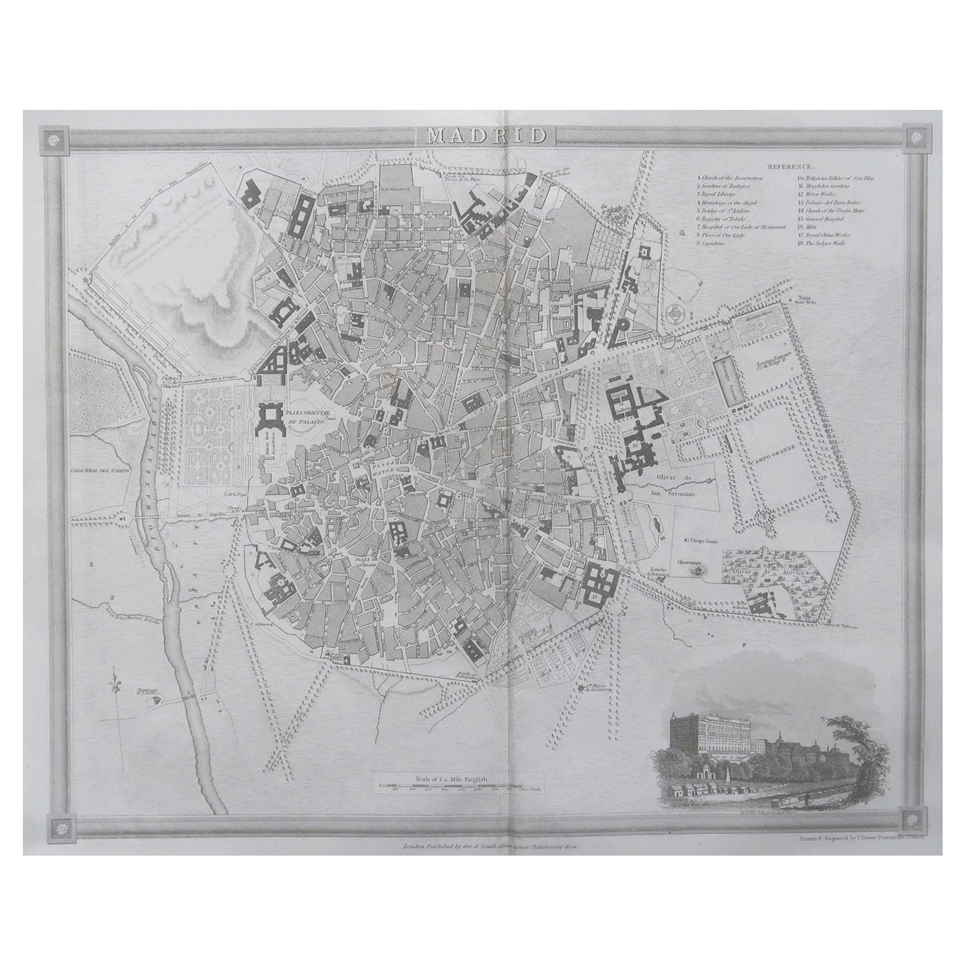 Carte ancienne originale ou plan de ville de Madrid, Espagne. Circa 1835