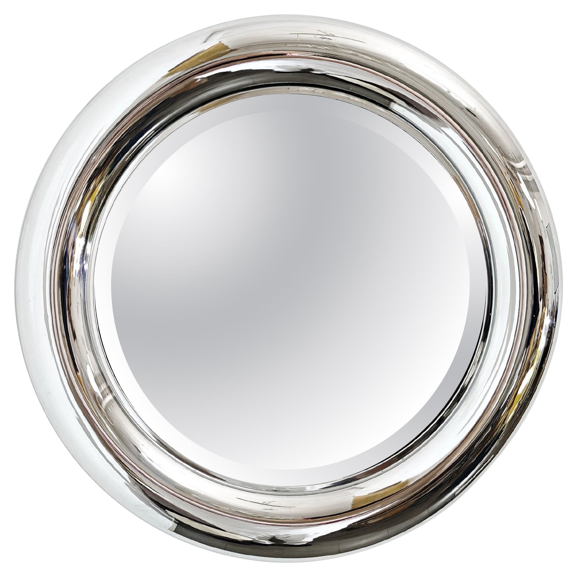 Miroir mural rond en acier et verre biseauté Reggiani Mid-Century  Italie années 1960