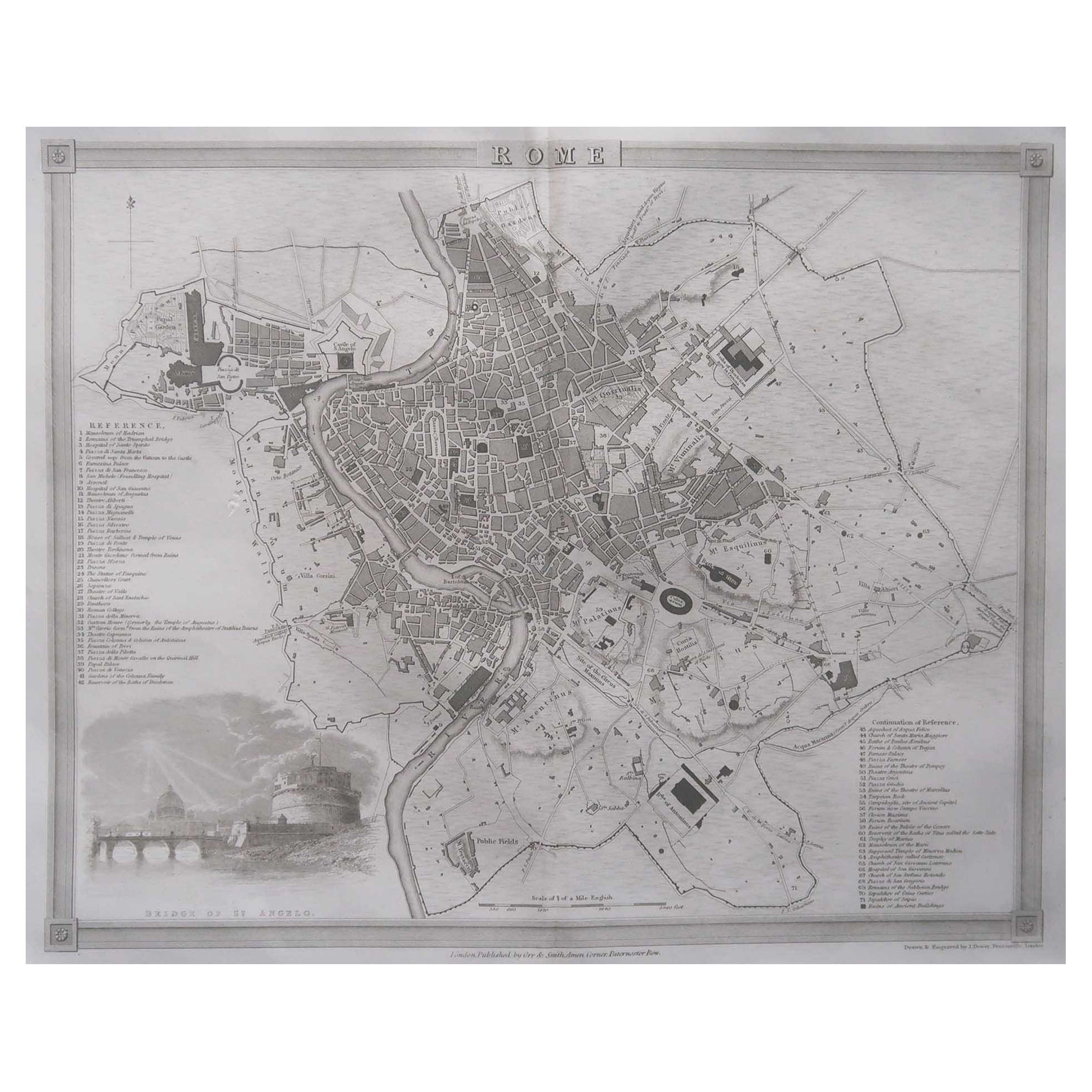 Carte ancienne originale ou plan de ville de Rome, Italie. Circa 1835