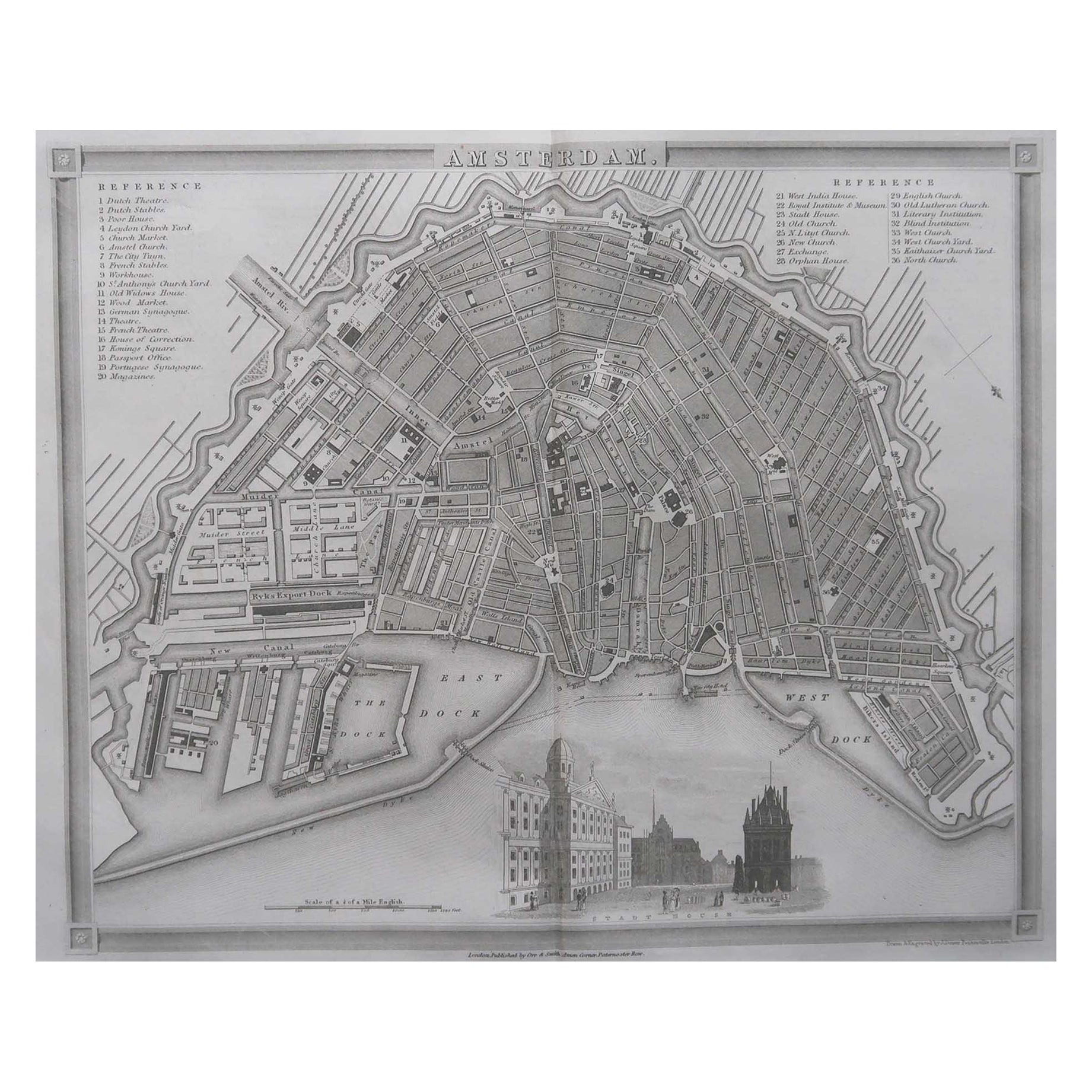 Carte ancienne originale ou plan de ville d'Amsterdam, Pays-Bas. Circa 1835 en vente