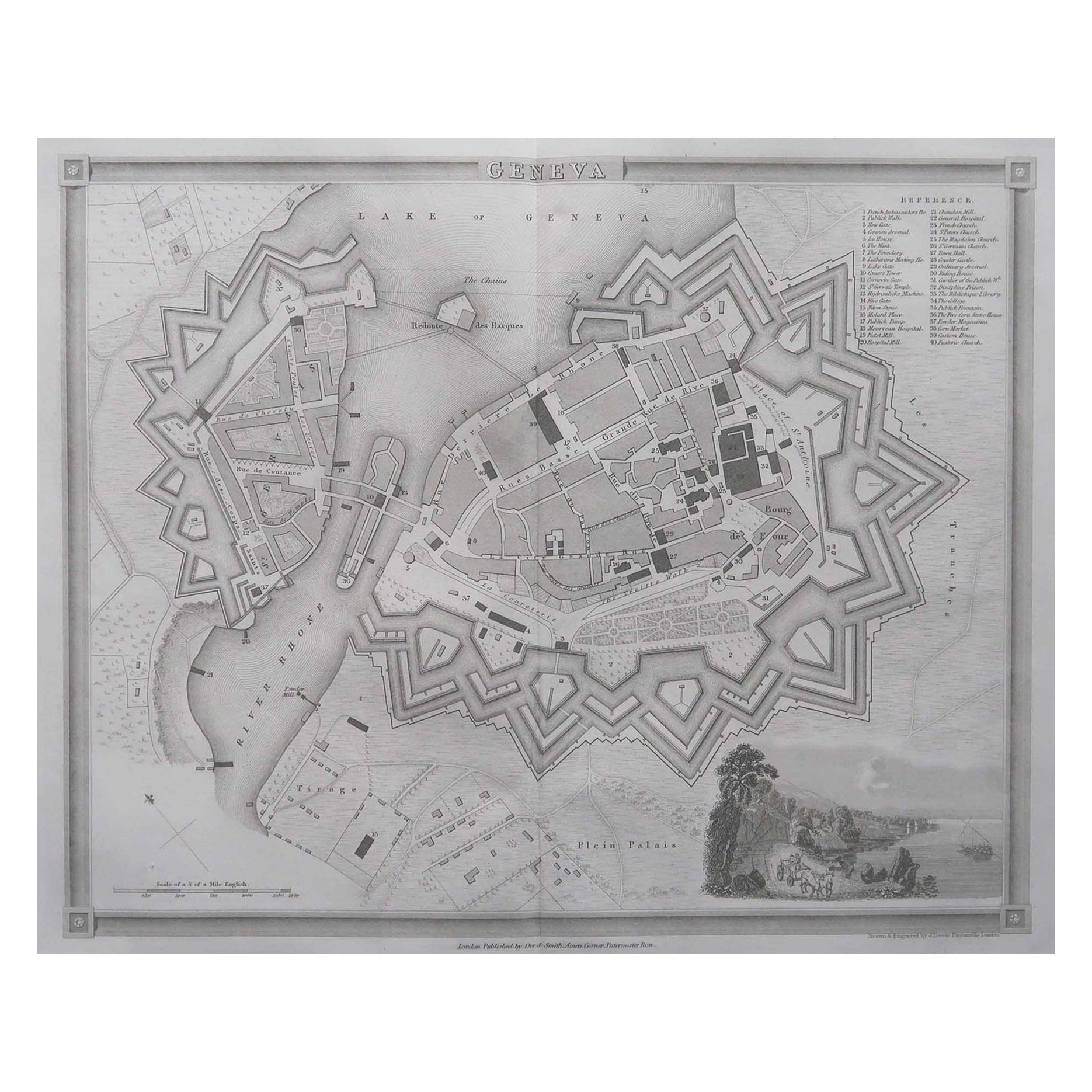 Carte ancienne originale ou plan de ville de Genève, Suisse. Circa 1835