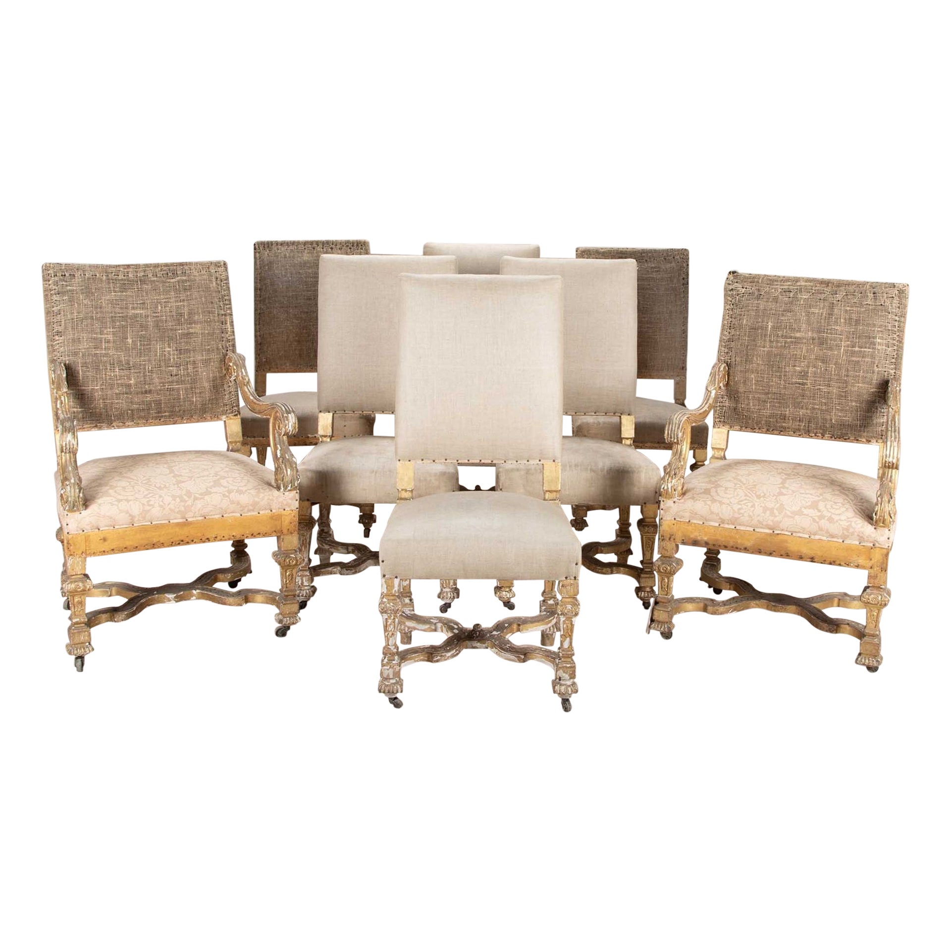 Set of Six 19th Century Louis XIV Style Giltwood Dining Chairs and Two Armchairs For Sale