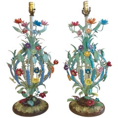 Pair of Tall Florentine Metal Table Lamps, 1960' Italy