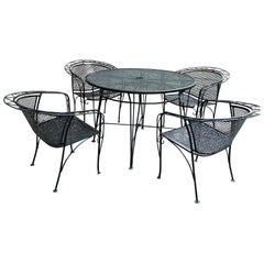 Used Classic Midcentury Modern Black Wrought Iron Patio Dining Table and 4 Chairs