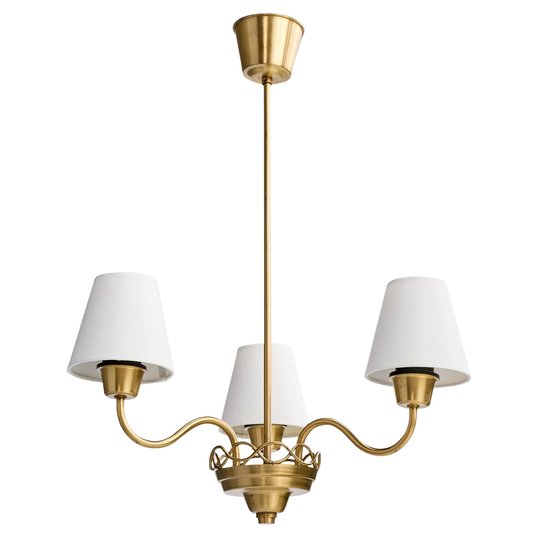 Swedish Designer, Chandelier, Brass, Fabric, Sweden, 1950s For Sale