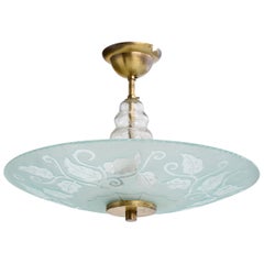 Swedish Designer, Pendant Light, Glass, Brass, Sweden, 1940s