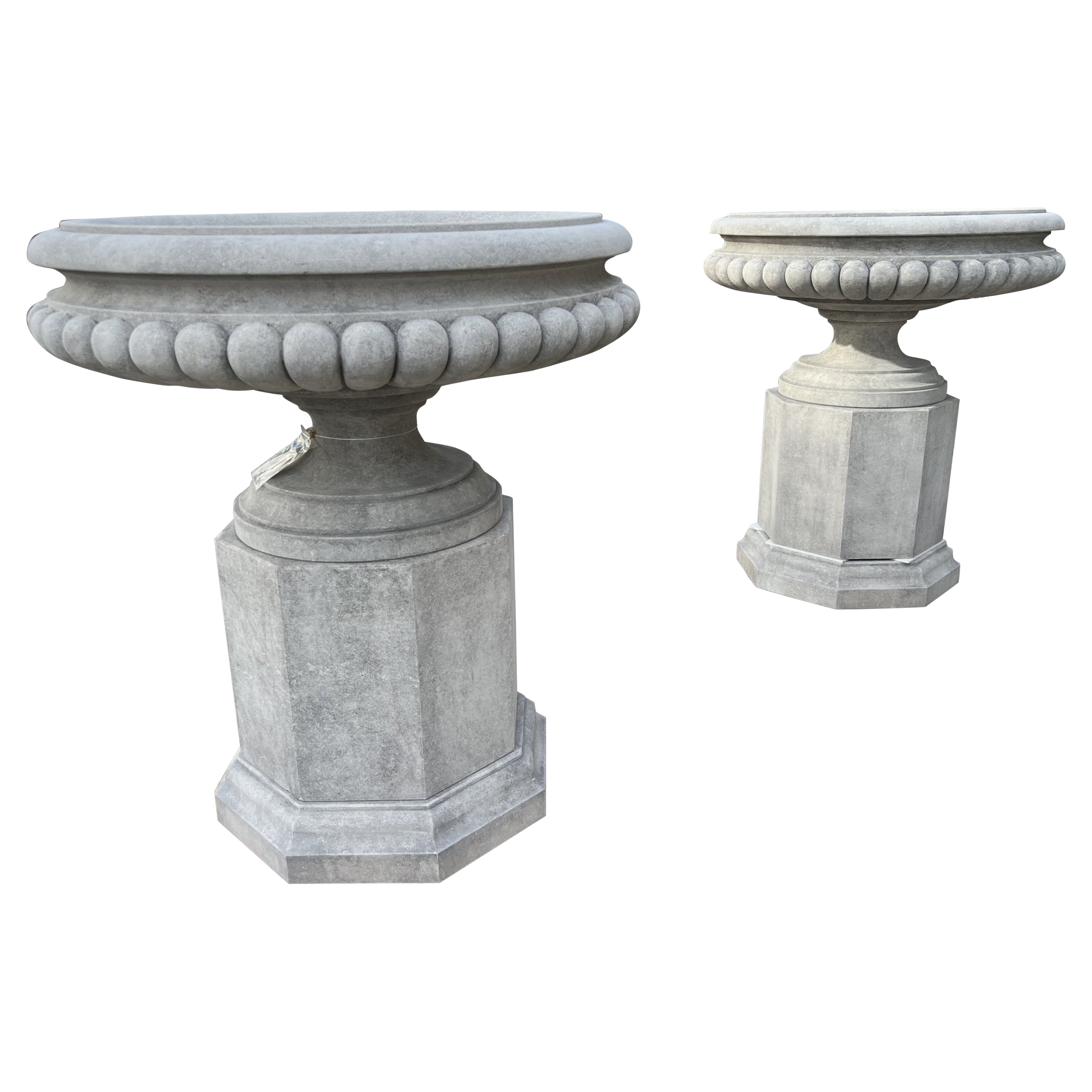 Pair of Wide Italian Tazza-Form Limestone Vases on Pedestals For Sale