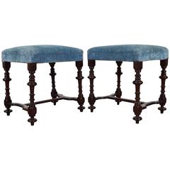 Pair of Italian Baroque Style Turned Walnut Benches, Mid-19th Century