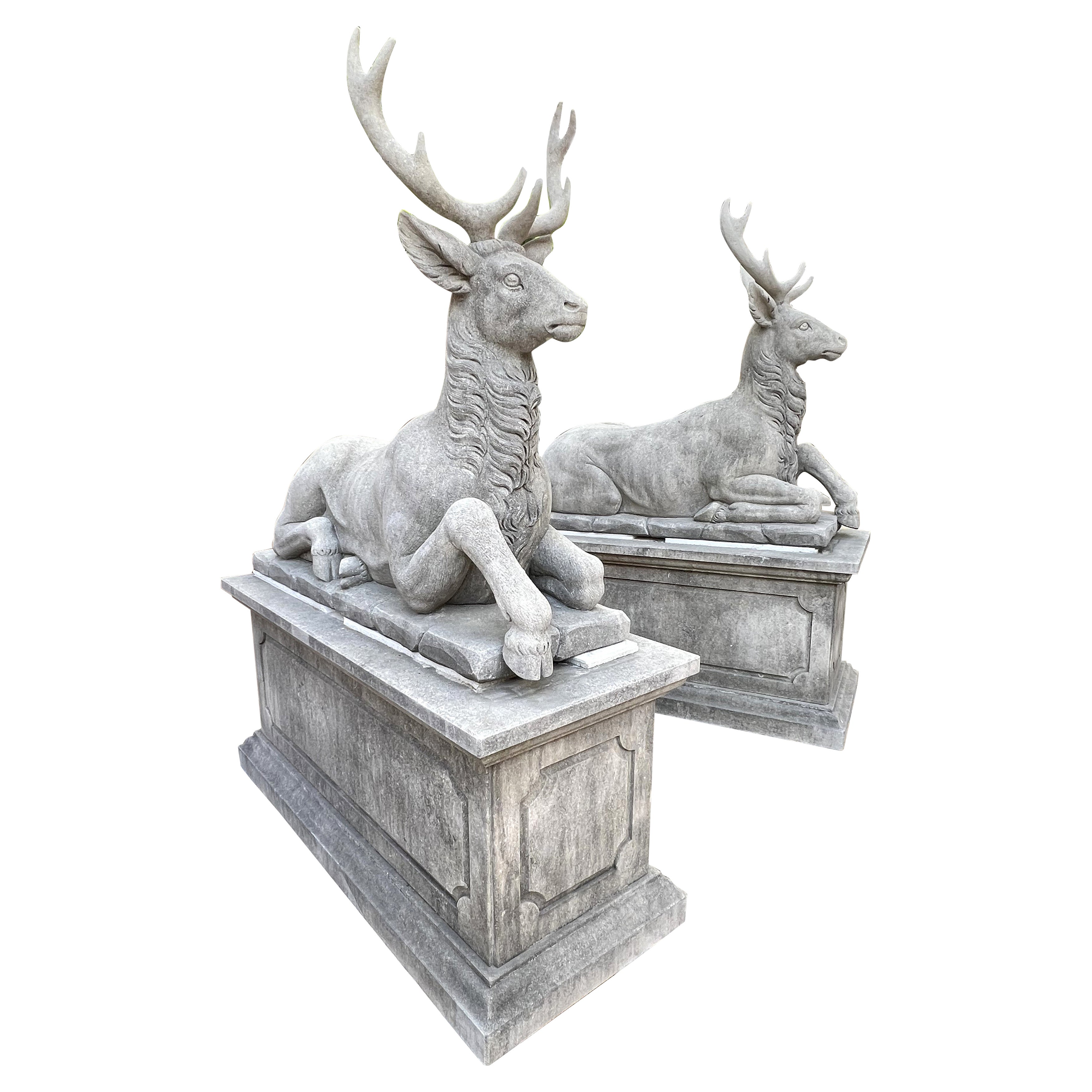 Pair of Large Carved Stone Stags on Pedestals from Italy For Sale