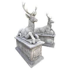 Pair of Large Carved Stone Stags on Pedestals from Italy