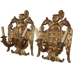 Antique Pair of Italian Gilded Sconces with Coat of Arms Crest