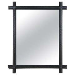19th Century Rustic Black Tramp Art Mirror, Hand Carved, Austria ca. 1890