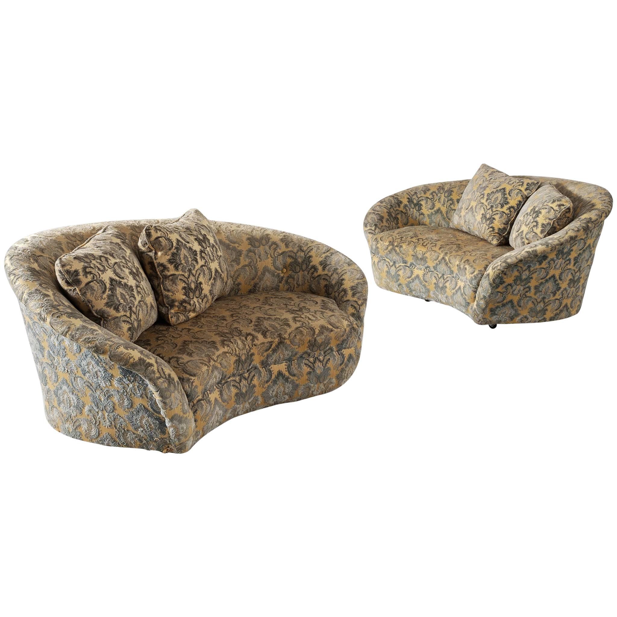 Pair of Italian Settees in Gold Floral Fabric Upholstery